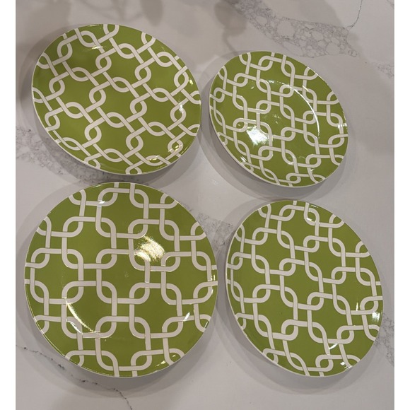 Celebrating Home Stoneware Collection Luncheon Plates 4 Green White Lattice - Picture 5 of 5